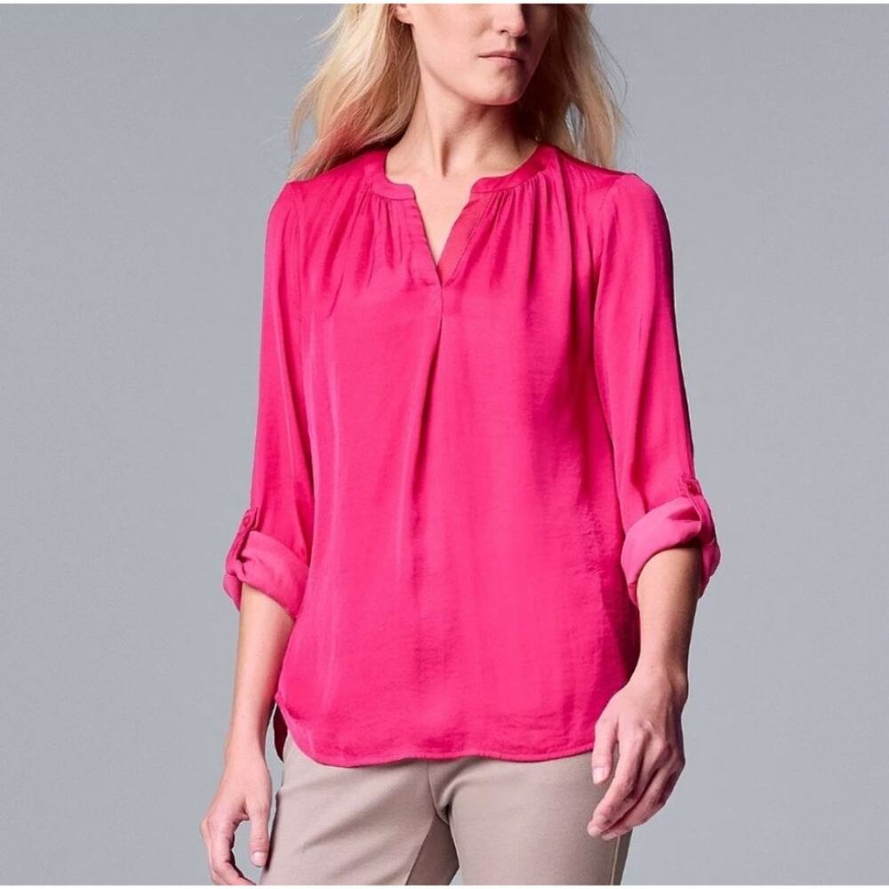 Simply Vera Vera Wang Hot Pink Roll-Tab Sleeve Popover Blouse
